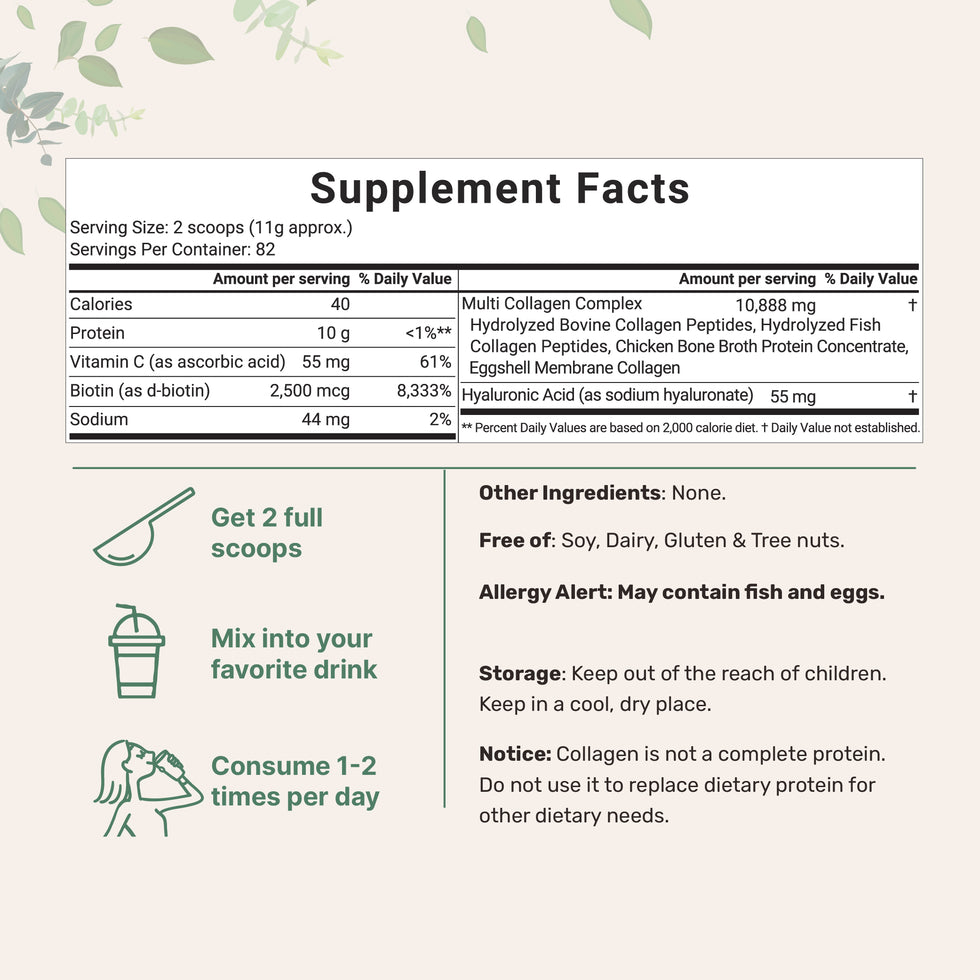 Premium Multi Collagen Peptides Powder with Hyaluronic Acid, Biotin & Vitamin C | Hydrolyzed Protein Types I, II, III, V & X | Unflavored Daily Collagen Supplement
