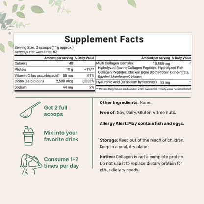 Premium Multi Collagen Peptides Powder with Hyaluronic Acid, Biotin & Vitamin C | Hydrolyzed Protein Types I, II, III, V & X | Unflavored Daily Collagen Supplement