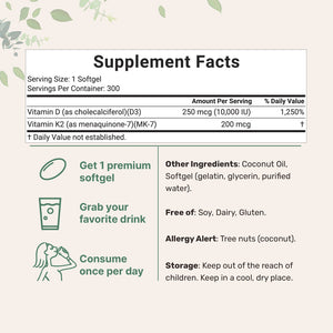 Micro Ingredients Vitamin D3 10,000 IU + K2 MK-7 200 mcg, 300 Softgels