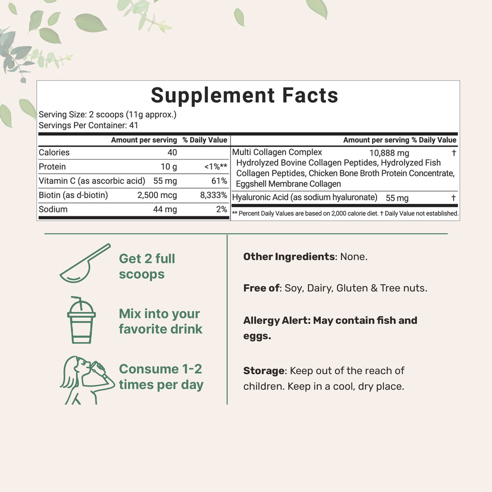 Premium Multi Collagen Peptides Powder with Hyaluronic Acid, Biotin & Vitamin C | Hydrolyzed Protein Types I, II, III, V & X | Unflavored Daily Collagen Supplement