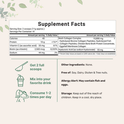 Premium Multi Collagen Peptides Powder with Hyaluronic Acid, Biotin & Vitamin C | Hydrolyzed Protein Types I, II, III, V & X | Unflavored Daily Collagen Supplement